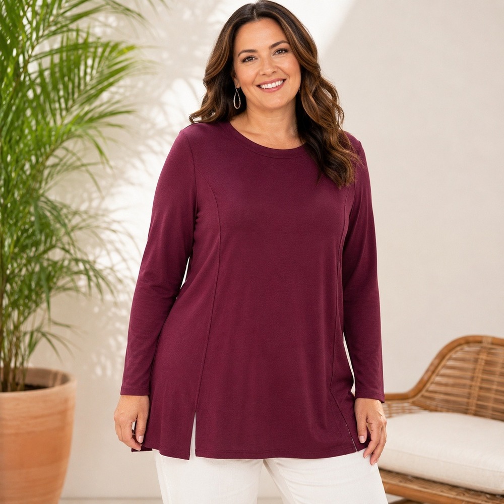 J. Jill Luxe Supima Forward Seam Tunic Burgundy Long Sleeve Top Medium